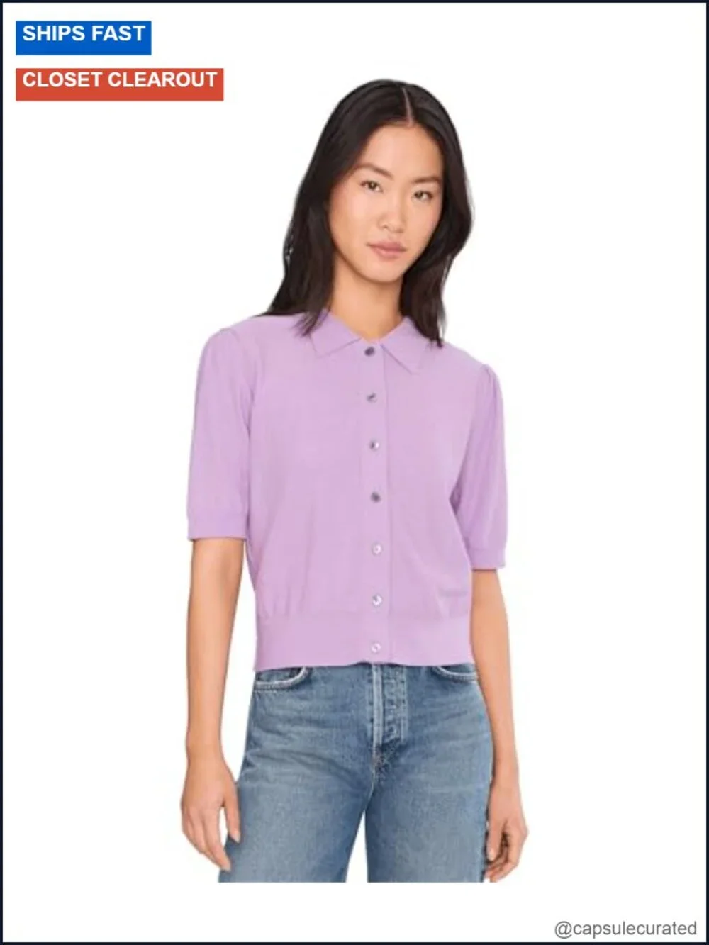 Cotton Cashmere Button-Up Collared Blouse with Puffed Short Sleeves